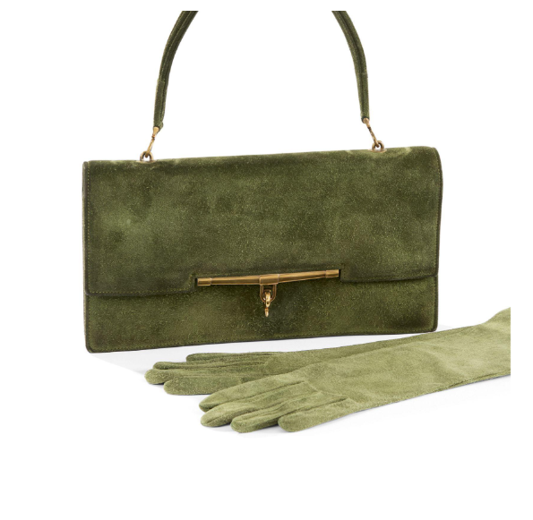 Lot Hermès : sac à main "Palonnier" + gants assortis kaki