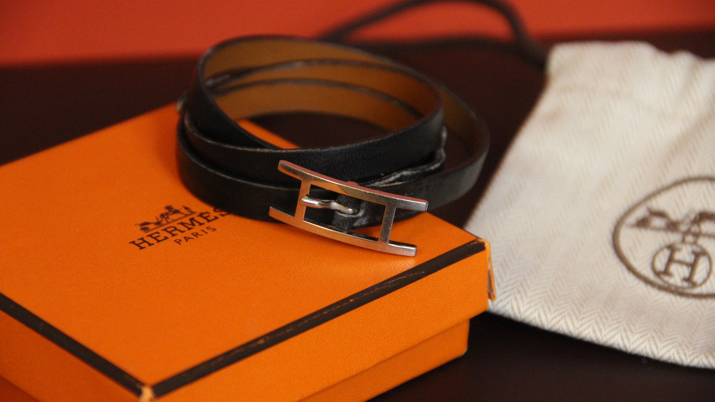 Bracelet Hermès Behapi Double Tour en cuir noir