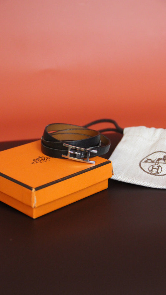 Bracelet Hermès Behapi Double Tour en cuir noir