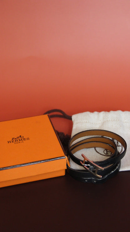 Bracelet Hermès Behapi Double Tour en cuir noir