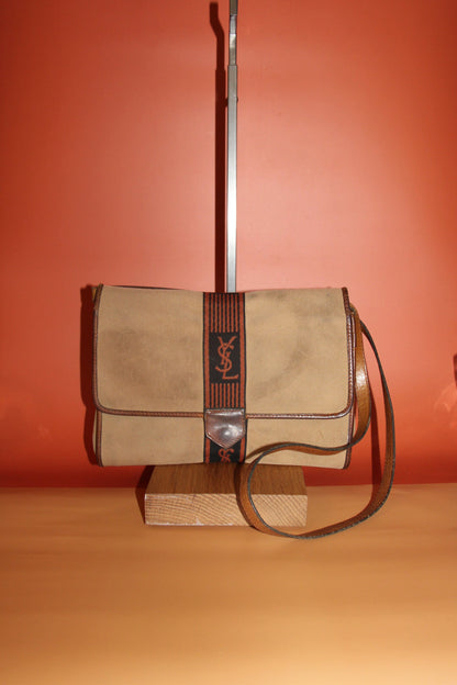 Sac bandoulière Yves Saint Laurent monogramme en toile beige