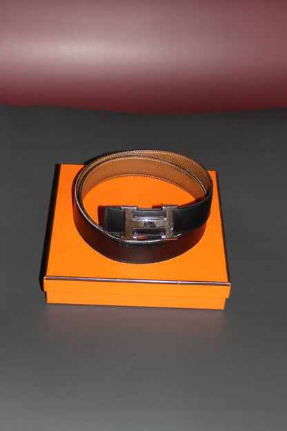 Ceinture Hermes 'Boulcle H' en cuir noir