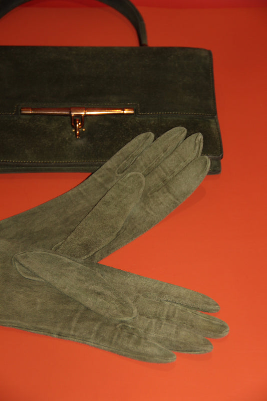 Lot Hermès : sac à main "Palonnier" + gants assortis kaki