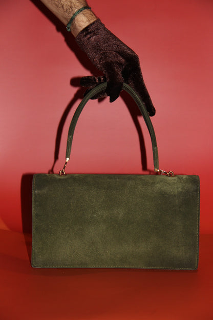 Lot Hermès : sac à main "Palonnier" + gants assortis kaki