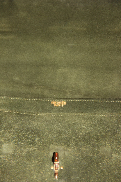 Lot Hermès : sac à main "Palonnier" + gants assortis kaki