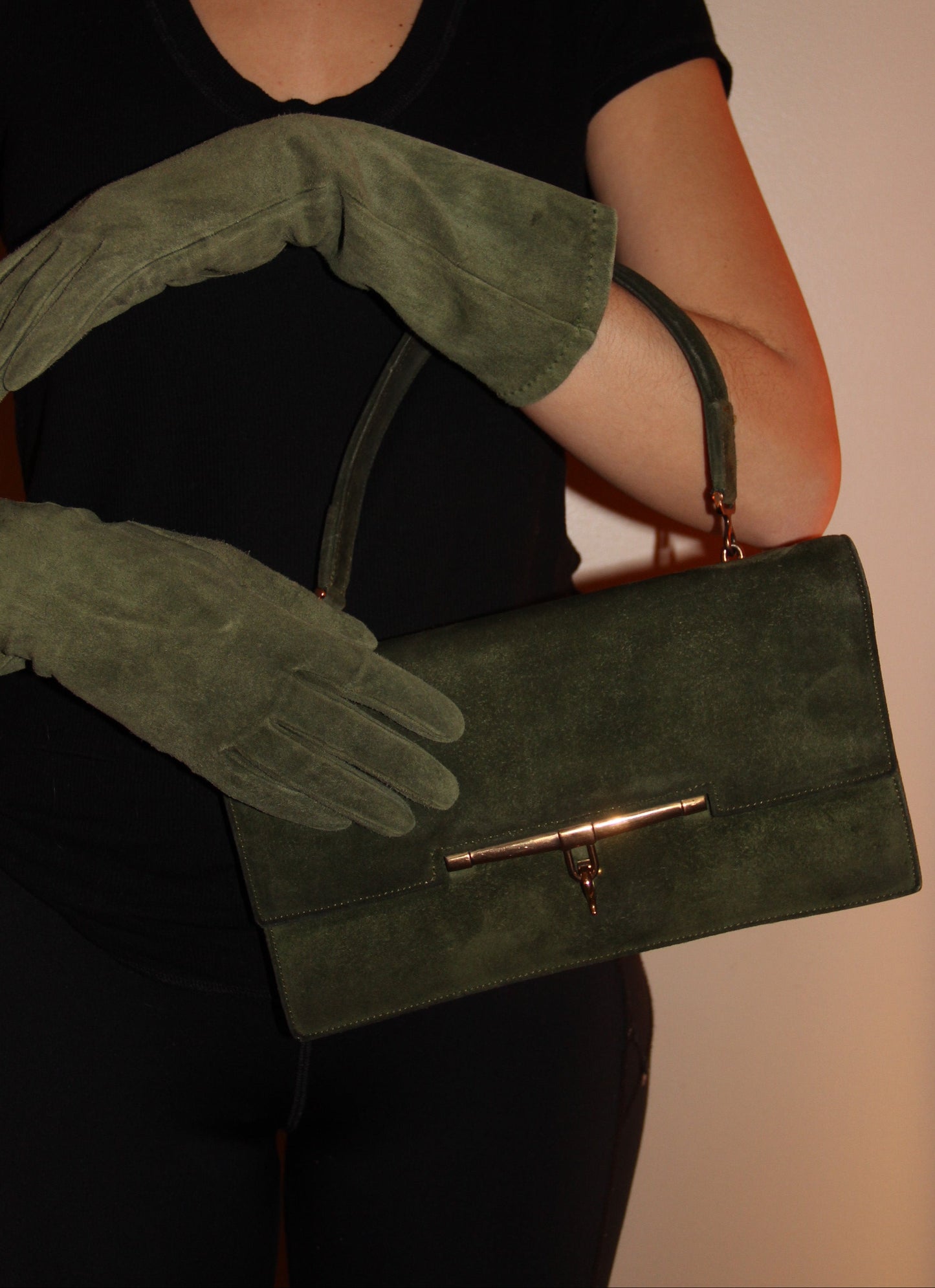 Hermès set: "Palonnier" handbag + matching khaki gloves
