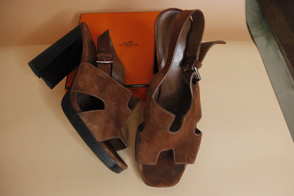 Sandales Hermes Elbe 60 en daim marron taille 38