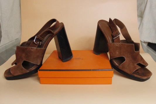 Sandales Hermes Elbe 60 en daim marron taille 38
